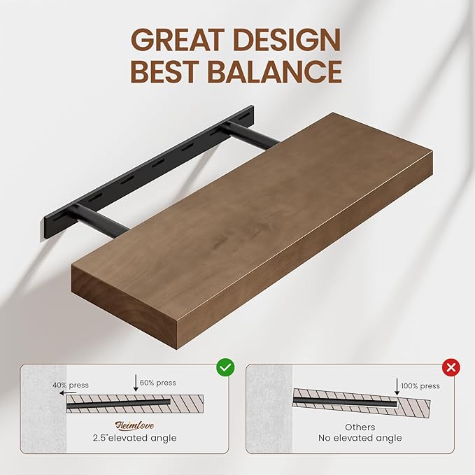 Heimlove 24 inch Floating Shelves for Wall,2 Packs Natural Pine Solid Wood Bathroom Shelf Over Toilet Decor and Storage 8 inches Deep for Kitchen Bedroom Office & Living Room Display Wall Decor