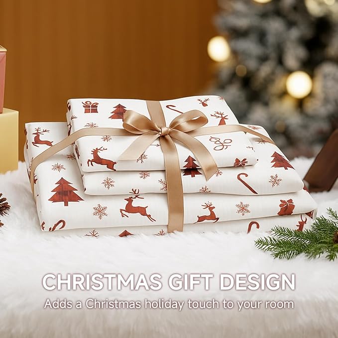 Christmas Comforter Set Full Size, Christmas Bed Set with Reindeer, Bows and Santa Claus Snowflakes Bells Bedding for Holiday, 3 Pieces 1 Reversible Comforter and 2 Pillowcases