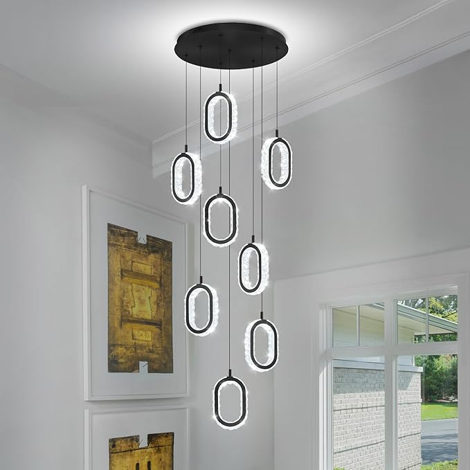 Black 8 Rings Crystal Chandelier for Foyer Stairwell High Ceiling Chandelier Dimmable Oval Crystal Ring Pendant Light
