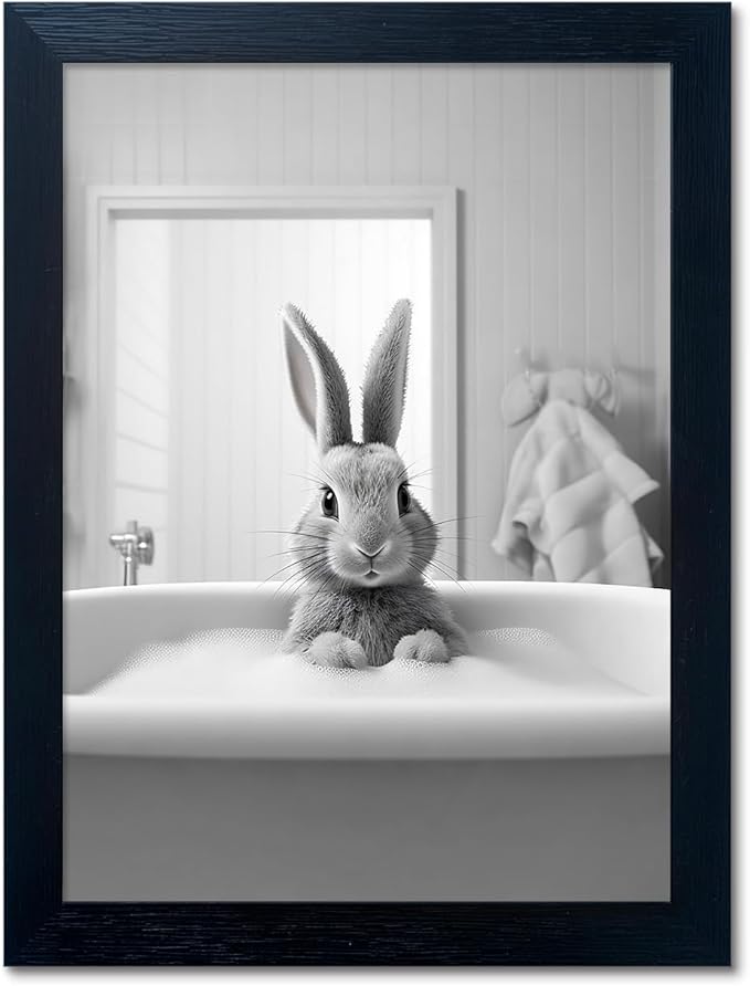 Melpa Art Kids Bathroom Wall Decor, Black and White Cute Animal Canvas Print Painting, Funny Rabbit in Bathtub Bathroom, Farmhouse Picture Wall Decor Artwork