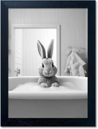 Funny Kids Bathroom Wall Decor, Black and White Cute Animal Canvas Wall Art, Black Framed Rabbit in Bathtub Farmhouse Picture Wall Decor Print Artworks for Bathroom