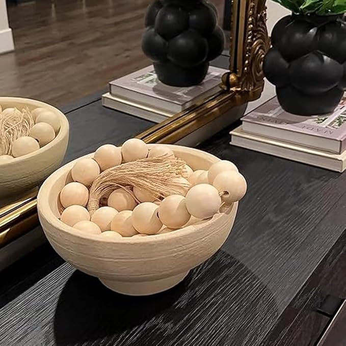 Oversized Wood Bead Decor, 1.6" Diameter Chunky Natural Wood Beads, 41" Long Farmhouse Tray with Tassels, Coffee Table farmhouse Bed decor