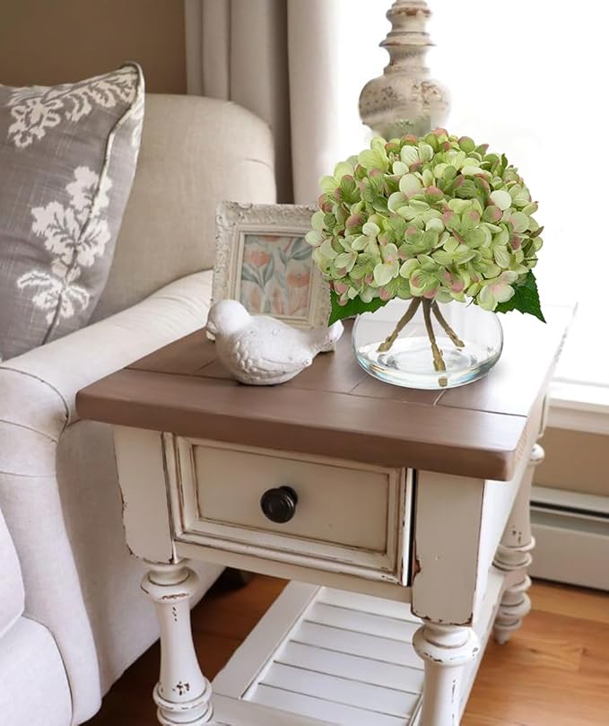 Hollyone Hydrangea Artificial Flowers with Glass Vase Dark Green Silk Faux Flowers Arrangements in Vase with Faux Water Fake Floral Bulk Bouquet for Home Decor Table Centerpiece Decorations