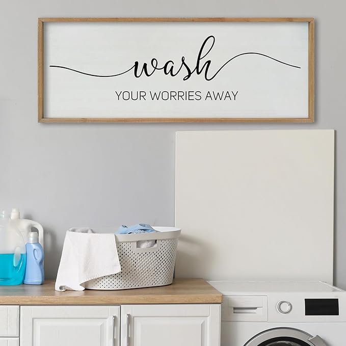 SRSZHIYUE Wash Your Worries Away Bathroom Sign Wall Art 40"x15" Funny Restroom Toilet Large Wood Framed Hanging Decor (Wood)