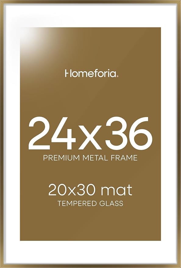 Homeforia 24x36 Picture Frame Bronze, High End Metal 24 x 36 Large Poster Frames with Mat 20 by 30 Photo, 24x36 Brass Frame Matted to 20x30 Print, 36x24 Thin Frames, Tempered Glass, Wall Kit, Set of 1