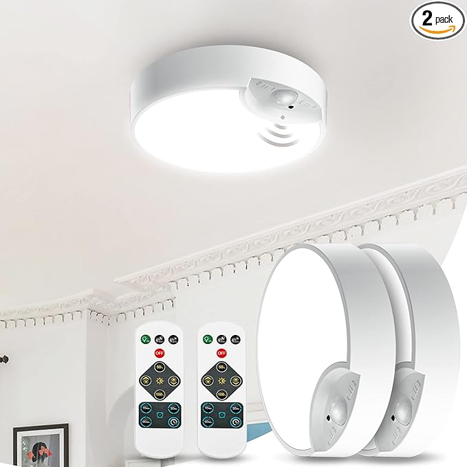 Battery Operated Motion Sensor Ceiling Light Indoor, LED Fixture Wireless Wall Light with Remote Control Brightness Dimmable Timer Setting Daylight for Closet Garage Shed, 2 Pack