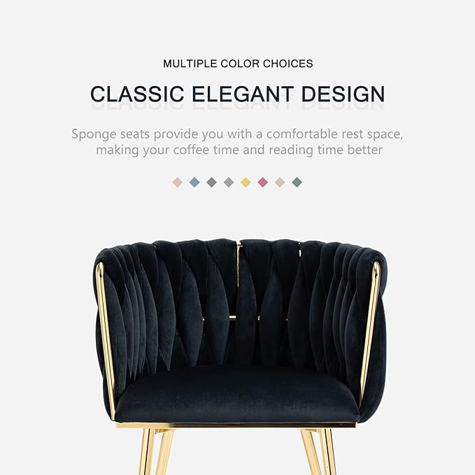 Nrizc Woven Dining Chairs Set of 2, Velvet Upholstered Dining Chairs with Gold Metal Legs, Modern Accent Chairs for Living Room, Dining Room, Kitchen (Black)