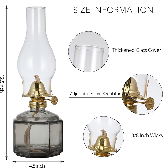 2 Pack Rustic Oil Lamp Large Vintage Glass Kerosene Lamp Chamber Oil Lamps for Indoor Use Home Decor Classic Old Hurricane Oil Lamp for Emergency Lighting 12.5''