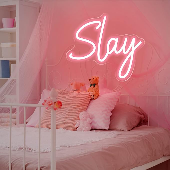 Slay Neon Sign Light Up Letter LED Light Signs Pink Game Room Decor for Girls Bedroom - USB Operated LED Light Sign - 13.9x12.1