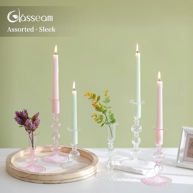 Glasseam Tapered Candlestick Holders Pink: Set of 3 Glass Candle Sticks Holder Decor with Bobeche Modern Ribbed Taper Candle Holders for Table Centerpiece Valentines Wedding Home Decorations