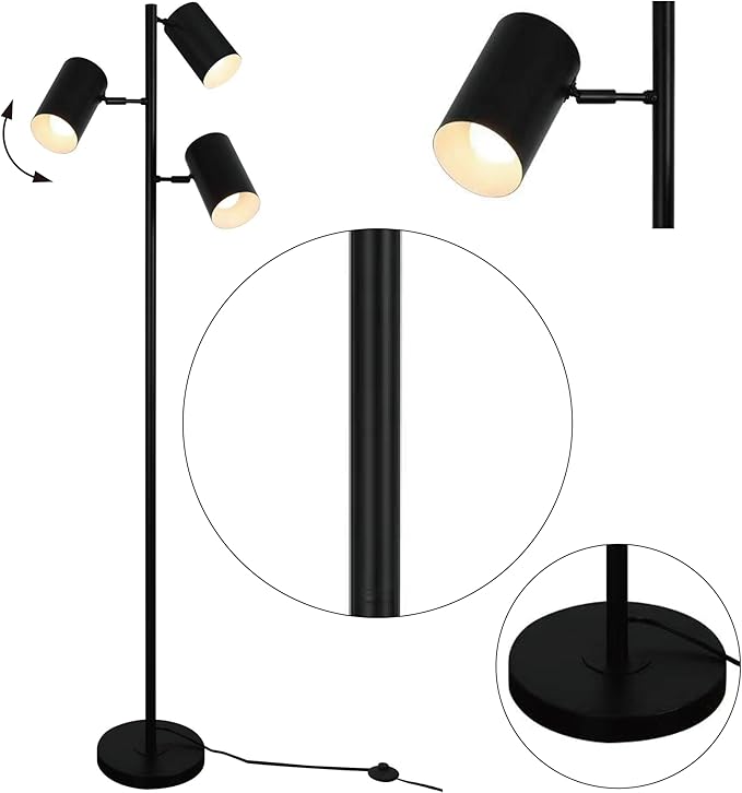 Tree Floor Lamp with 3 Light 9W E26 LED Bulbs,Black Standing Tall Pole Lamp with 3 Adjustable Rotating Lights,Modern Floor Lamp for Living Room Bedroom Office,Reading Room