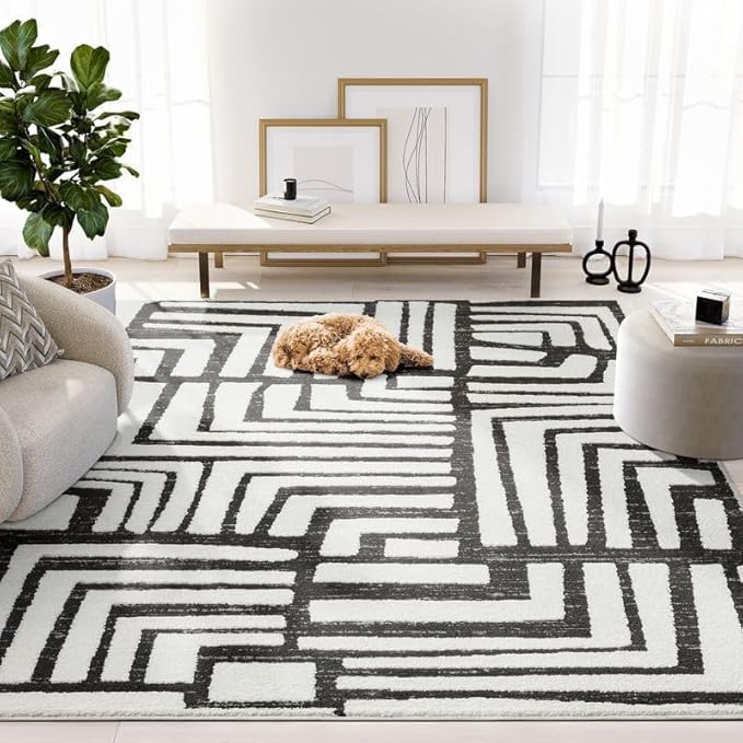 Abani Nomad Cream & Grey Area Rug 9' x 12' for Living Room, Bedroom - Geometric Box Design - Durable & Easy to Clean
