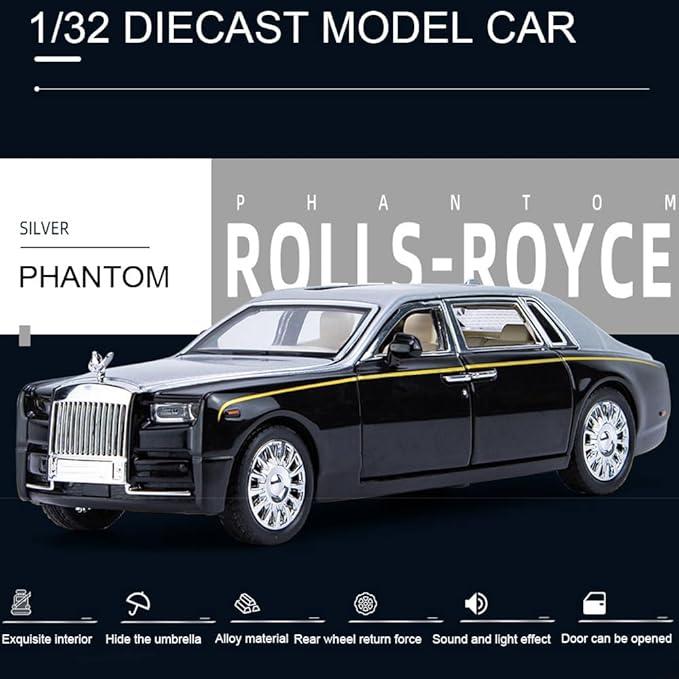 Alloy Collectible Rolls-Royce Phantom Model Toy Car, 1/32 Scale Diecast Car Model Pull Back Vehicles Phantom Toy with Sound & Light, Car Logo Can be Folded