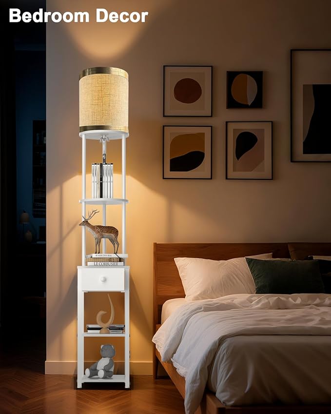 Lightdot 65IN Floor Lamps with Storage Table&Drawer, Corner Shelf Lamps with White End Table and Fabric Lampshade, Modern Standing Tall Lamp for Living Room/Bedroom/Office(E26 LED Bulb Included)