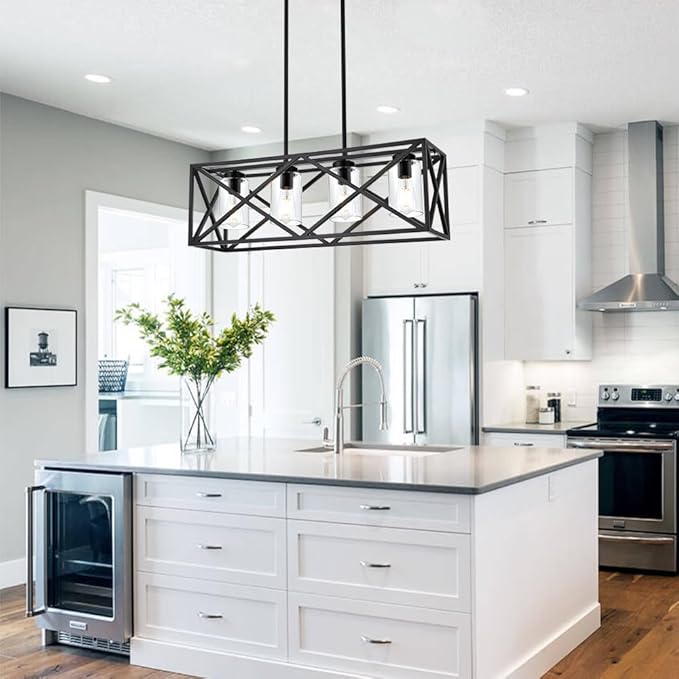 TODOLUZ 30.35” Dining Room Lighting Fixtures Hanging Black Finish 4-Lights Open Frame Farmhouse Chandelier Pendant Light for Kitchen Island Pool Table with Clear Glass