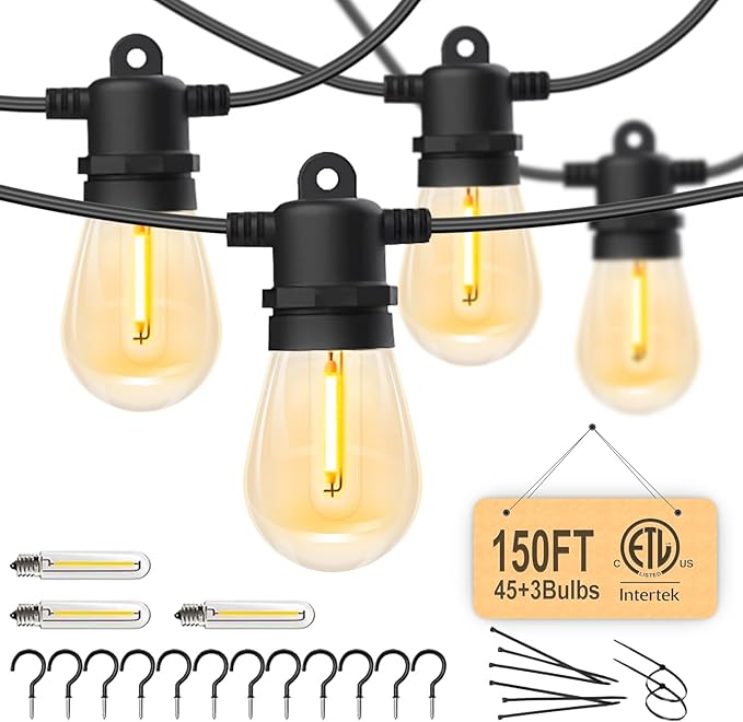 Outdoor String Lights Waterproof 150FT Patio Lights with Shatterproof 2700K Plastic Bulbs String Lights for Outside Bistro Gazebo Pergola Café Market Lights, 3-Pack
