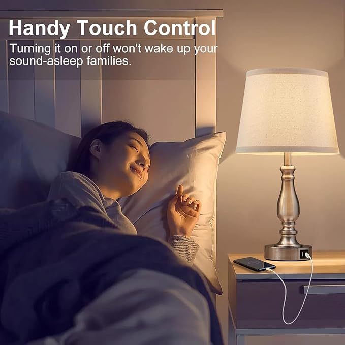 Lamps for Bedrooms Set of 2, Brushed Nickel Bedside Lamps with USB C+A Ports, 3 Way Dimmable Nightstand Lamps with Fabric Lampshade, Touch Table Lamp for Living Room Bedroom Office, Bulbs Included