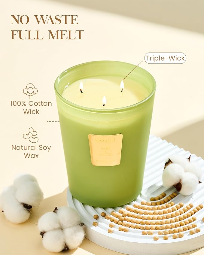 M&SENSE Basil Ginger Scented Candle 35oz 150H Burn Time Long Lasting, 3-Wick Natural Aromatherapy Candle Highly Scented, Home Fragrance Housewarming Gifts