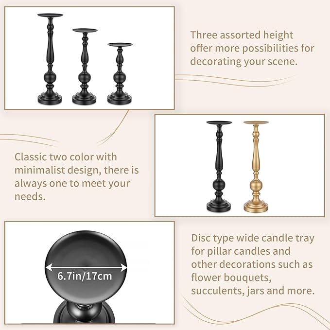 Sziqiqi Pillar Candle Holders Tall - Set of 3 Black Candle Stand for Pillars Large Metal Candleholder Sets Decorative for Christmas Halloween Living Room Easter Entryway