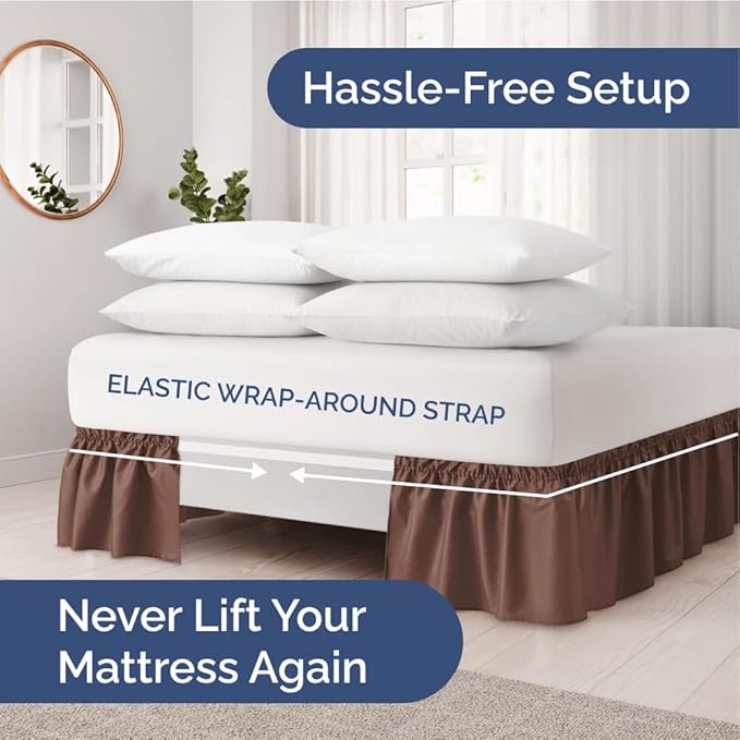 Wrap Around Dust Ruffle Bed Skirt - Brown - for Queen Size Beds with 24 Inch Drop - Easy Fit Elastic Strap - Adjustable Pleated Bedskirt w/Brushed Fabric - Wrinkle Free - for Women, Men, Kids & Teens