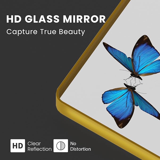 Gold Bathroom Mirror, 55x30 Inch Brushed Gold Metal Frame Mirror for Wall, Rounded Rectangle Bathroom Vanity Mirror, Tempered Glass, Anti-Rust, Horizontal/Vertical