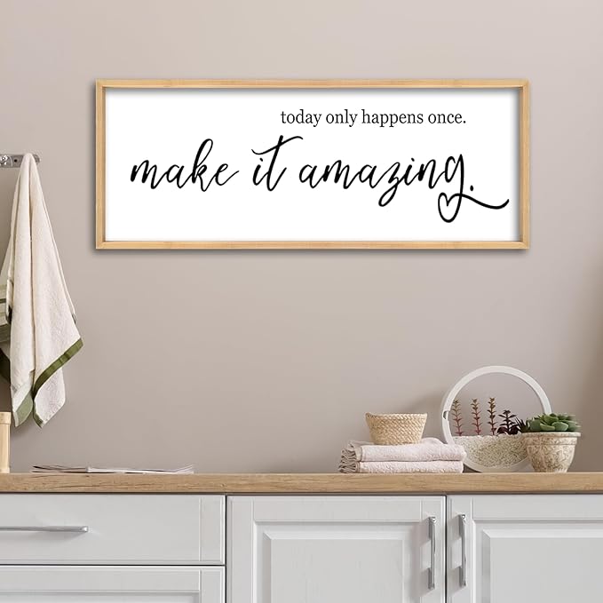 Inspirational Wall Art Today Only Happens Once Make It Amazing Sign 40"×15" Motivational Quote Farmhouse Positive Decor for Home Office Living Room Large Wood Framed Hanging (Wood)