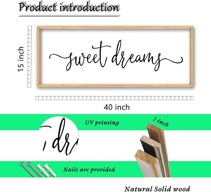 Sweet Dreams Above Bed Wall Decor Sign 40"x15" for Master Bedroom Over Bed Guest Room Wood Framed Wall Art (Wood)