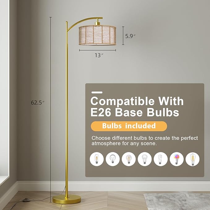 Oneach 62.5'' Gold Arc Floor Lamp for Living Room, Rattan Boho Floor Lamp with Remote and Dimmable Bulb, 3 Color Temperatures, Farmhouse Rustic Modern Standing Lamp for Bedroom Office Corner