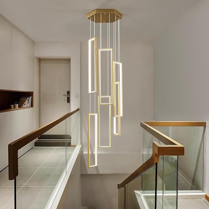 Modern Kitchen Island Dimmable Pendant Light Fixture Gold 108W LED Pendant Lights 6 Rings Rectangular Chandelier Staircase Large Chandelier Lobby Living Room Foyer High Ceiling Chandeliers