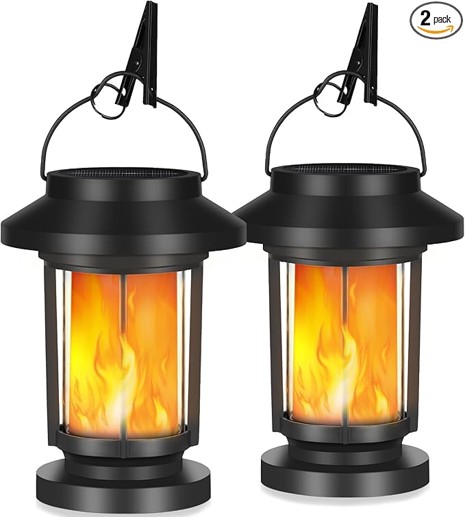 Derynome Solar Lantern Outdoor Lights, 2 Pack Upgraded Flickering Flameless Solar Lights Outdoor Waterproof, Hanging Decorative Lanterns for Yard Patio Path Garden Decor (2)