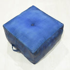 Square Shaped Buffalo Leather Handmade Eco-Friendly Vintage Blue Pouf-Square Pouf, 21"x21"x12", Geometric Pouf, Buffalo Leather Pouf, Recycled Foam with Fibre Fill Stuffed Pouf, Seating Pouf PF25