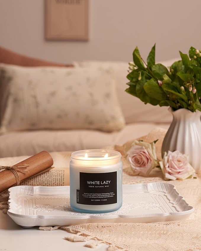 M&SENSE Jasmine & Clean Cotton Spring Scented Candle, 11.6oz Aromatherapy Gifts 2 Wick 70 Hours Long Lasting Burn, Natural Organic Soy Candle, Housewarming Gifts for Dad Mom Friends