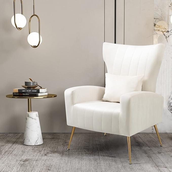 X-VOLSPORT Velvet Accent Chairs Set of 2, Mid Century Modern High Back Living Room Chair with Waist Pillow, Upholstered Arm Chair with Metal Gold Legs for Bedroom, Club, White