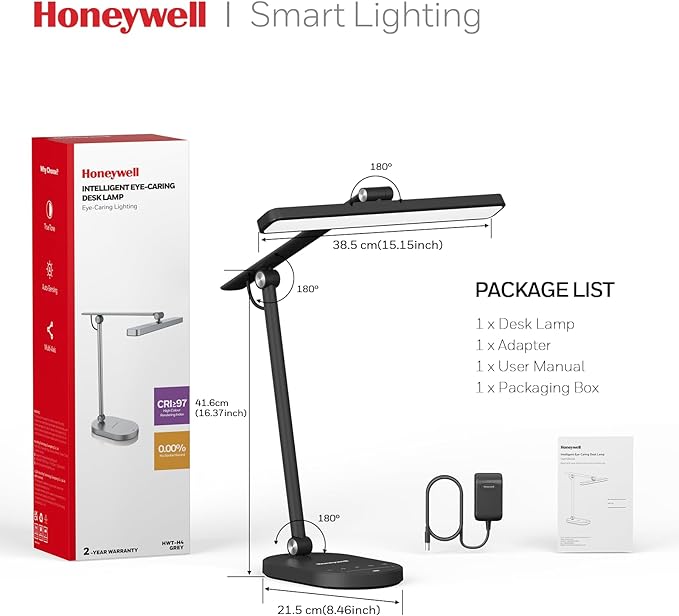 Honeywell Desk Lamp for Home Office, H4 Sunturalux™ Eye-Caring LED Desk Light, 700LM Dimmable Desk Lamp with Timer, Adjustable Desk Reading Light, Touch Auto Dimming Table Lamp for Study, Bedroom