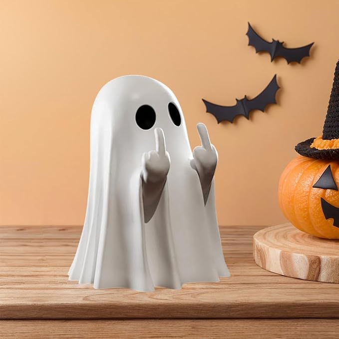 Halloween Ghost Figurine, Funny Resin Middle Finger Ghost Statue, Cute Decor for Halloween Decorations Indoor, Porch and Desk Spooky Home Decor Gifts