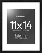 Homeforia 11x14 Picture Frame Black Wood, High End Oak 11x14 Poster Frames with Mat 8x10, 11 x 14 Wooden Frame Matted to 8 x 10 inch Photo, 14x11 Thin Hanging Frame, Tempered Glass, Wall Kit, Set of 1