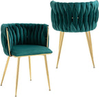Nrizc Woven Dining Chairs Set of 2, Velvet Upholstered Dining Chairs with Gold Metal Legs, Modern Accent Chairs for Living Room, Dining Room, Kitchen (Green)