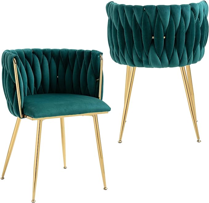 Nrizc Woven Dining Chairs Set of 2, Velvet Upholstered Dining Chairs with Gold Metal Legs, Modern Accent Chairs for Living Room, Dining Room, Kitchen (Green)