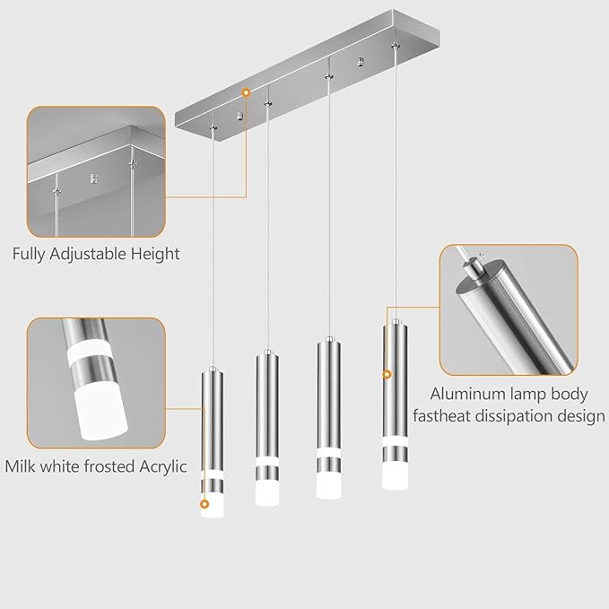 4-Light Dining Room Modern Pendant Light Kitchen Fixture Dimmable LED Chrome Mini Pendant Lighting fo Kitchen Island Study Pendant Lights