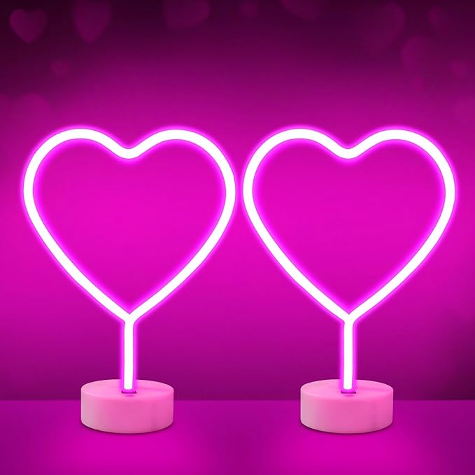 BRIGHTDECK 2 Pack Heart Neon Signs, LED Lights Battery Operated or USB Powered Decoration Lamp, Neon Lights Decor for Valentine's Day Gifts, Wedding, Party, Pink Room Decor (Pink Heart)