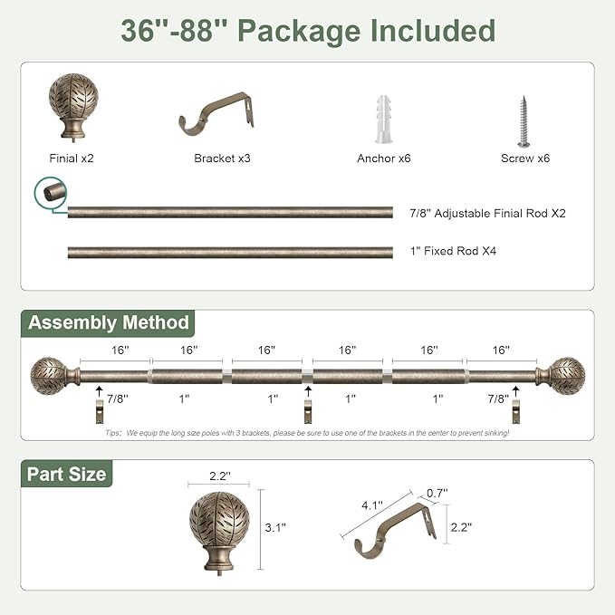 Silver Curtain Rods for Windows 48 to 84 Inch,1'' Diameter Drapery Rods with Leaf Pattern Finials,Boho Adjustable Heavy Duty Curtain Rods Set,36-88'',Retro Silver