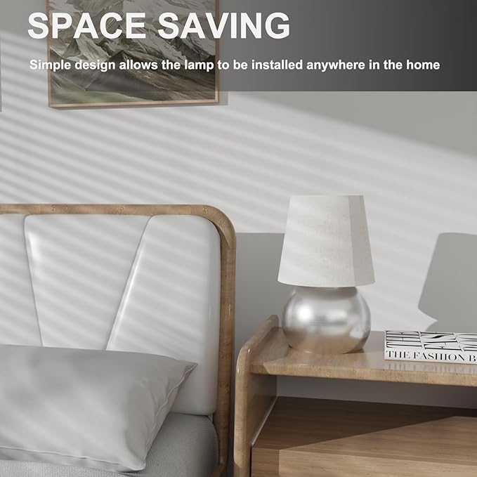 Set of 2 Small Silver Spherical Base Bedside Table Lamp with Textured Linen Shade (Bulb Included)