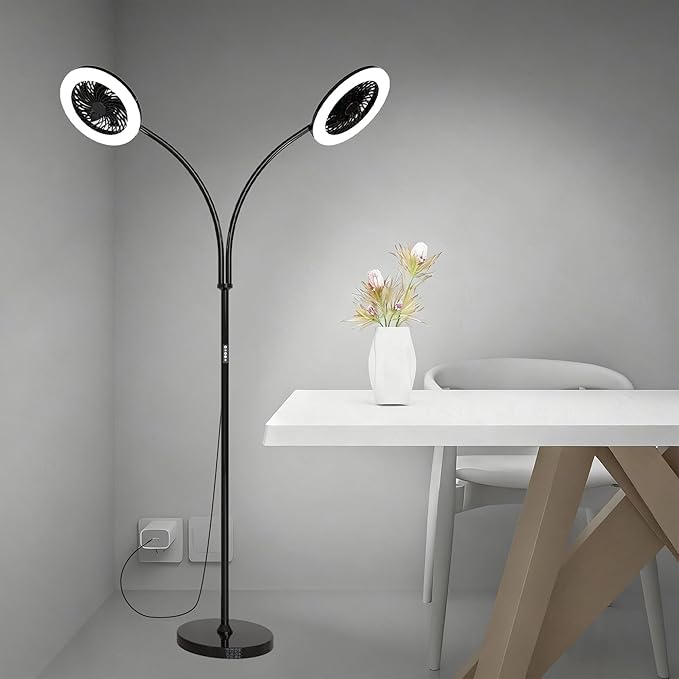 Floor Lamp with Fan Fan Light with RGB 12w/1000lm LED Floor Famp, Stepless Adjustable 3000K-6000K Color and Dimmer, Remote and Button Control, Adjustable Gooseneck Gloor Lamp (Black-2)