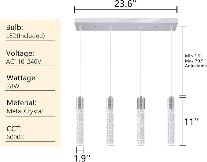 4-Lights Mini Crystal Pendant Light for Kitchen Island, Modern Led Crystal Chandelier for Dining Room Living Room 6000K