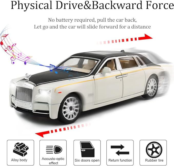 EROCK 1/24 Diecast Car Model Rolls-Royce Phantom Toy Car, Alloy Collectible Phantom Replica Pull Back Model Car Vehicles with Sound and Light for Kids Boys Girls Birthday Gift