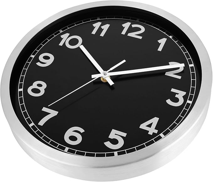 Plumeet Extra Large Wall Clock, 16 Inch Battery Operated Wall Clock with Silver Aluminum Frame, Non Ticking Silent Metal Wall Clocks Decorative Kitchen Living Room Bedroom, Black