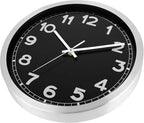 Plumeet Small Wall Clock, 10 Inch Battery Operated Wall Clock with Silver Aluminum Frame, Non Ticking Silent Metal Wall Clocks Decorative Kitchen Living Room Bedroom, Black