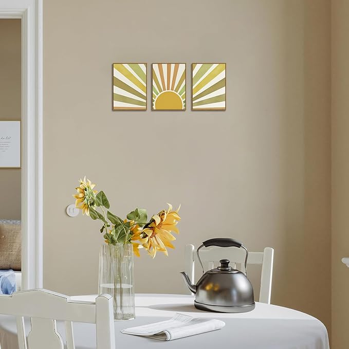Bwodke Boho Wall Art, Framed Abstract Sunshine Wall Art, Sun Rising Neutral Canvas Wall Decor, Mid Century Geometric Pictures Set of 3, Minimalist Paintings, for Bedroom Living Room Bathroom 12"x16"