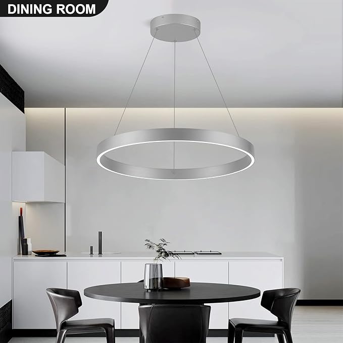 Room Decor Modern LED Chandelier 23.62'' Dimmable 1-Ring Chandelier 76W Circular Pendant Light for Dining Room Kitchen Island Bedroom, 6000K, Silver UL Listed