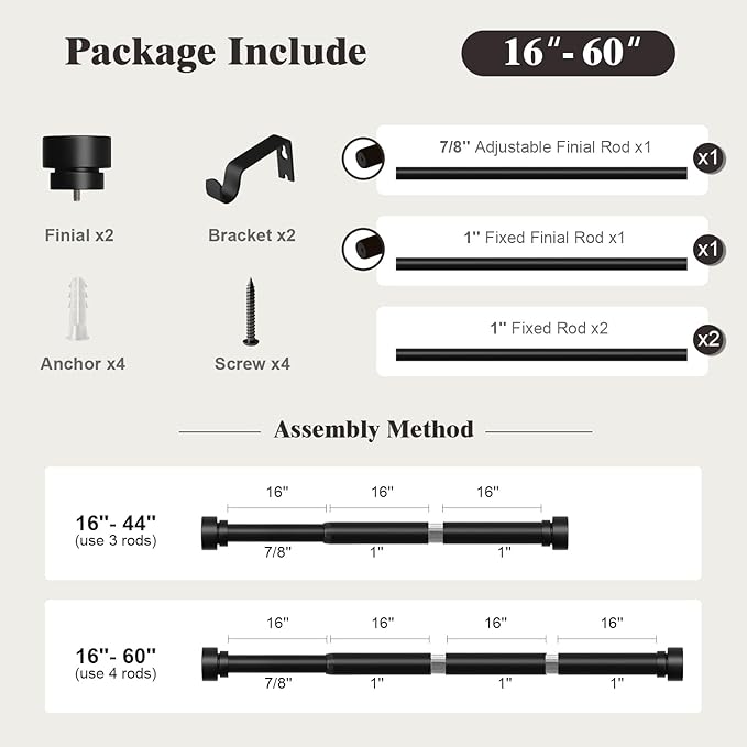 Oneach Black Curtain Rods for Windows 28 to 48 Inch, 1 Inch Pole Adjustable Length Heavy Duty Metal Curtain Rod Set, for Outdoor Bedroom Kitchen Living Room (16 to 60 Inch)